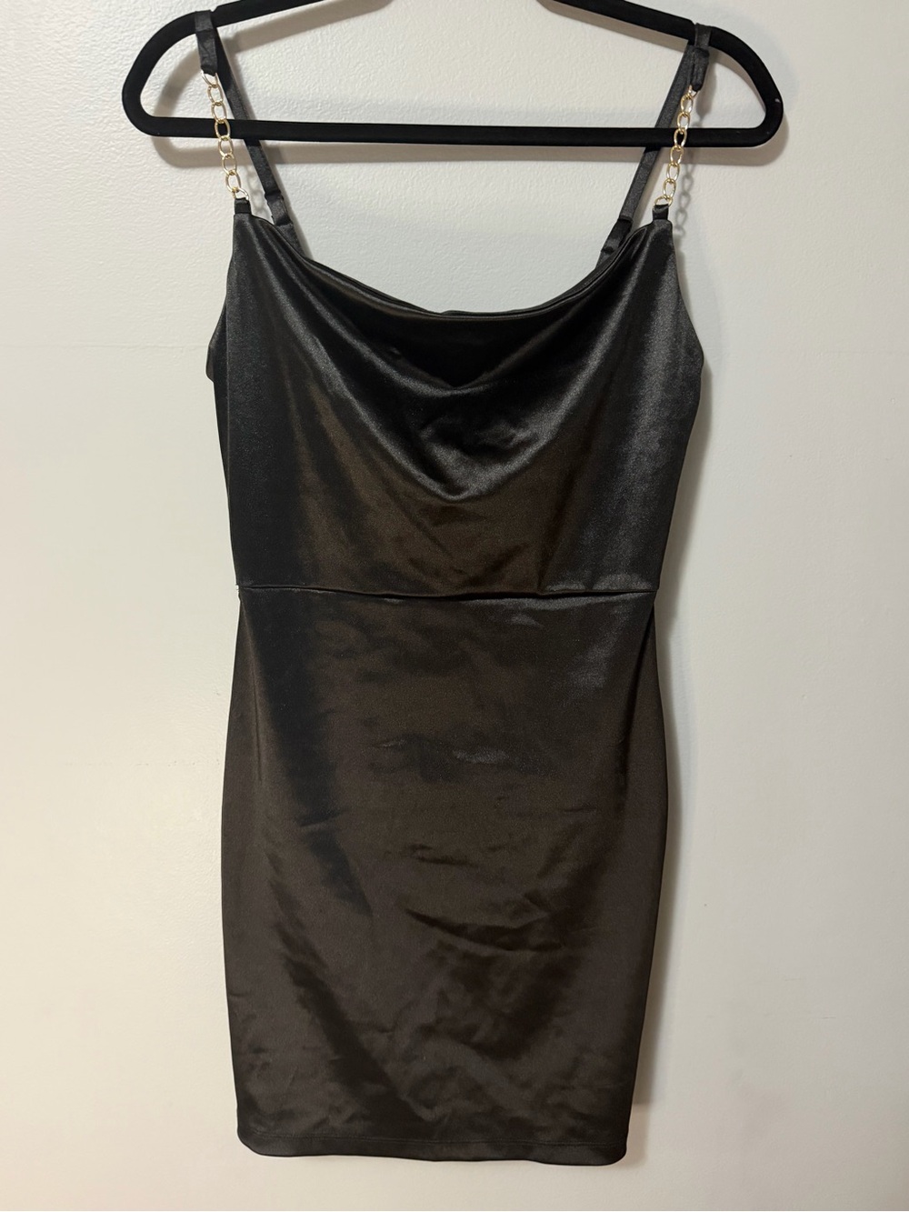 Planet Gold Black Satin Cowl Neck Mini Dress Gold Chain Strap Bodycon M
